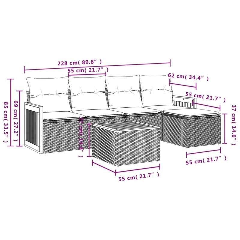 vidaXL 6 Piece Patio Sofa Set with Cushions Gray Poly Rattan - 88.3x27.2x45.0