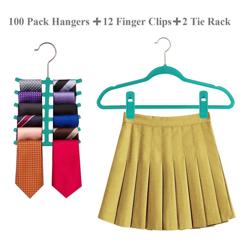 Javlergo 50/100 Pack Velvet Hangers, Heavy Duty Non Slip & Space-Saving Cloth Hangers with 6 Finger Clips & Tie Rack