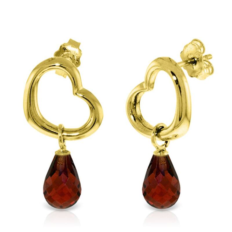 14K Solid Gold Heart Gemstone Earrings w/ Dangling Natural Garnets - Yellow