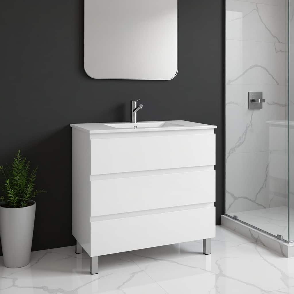 HomeRoots 32" White Wood Freestanding Bathroom Vanity With White Sink And Three Drawers - 32.00 in. x 33.12 in. x 17.88 in.