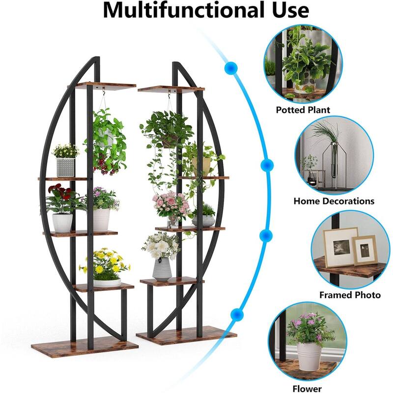 Black-Brown Wood Metal 10-Tier Curved Plant Display Shelf Stand - 19.7" x 11.8" x 63"