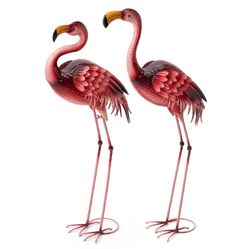 Glitzhome Metal Standing Crane Flamingo Garden Statue with Stakes Yard Art Sculpture Porch Decor