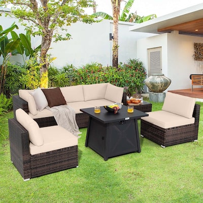 Costway 7PCS Patio Rattan Furniture Set Fire Pit Table Cover Cushion - See Details