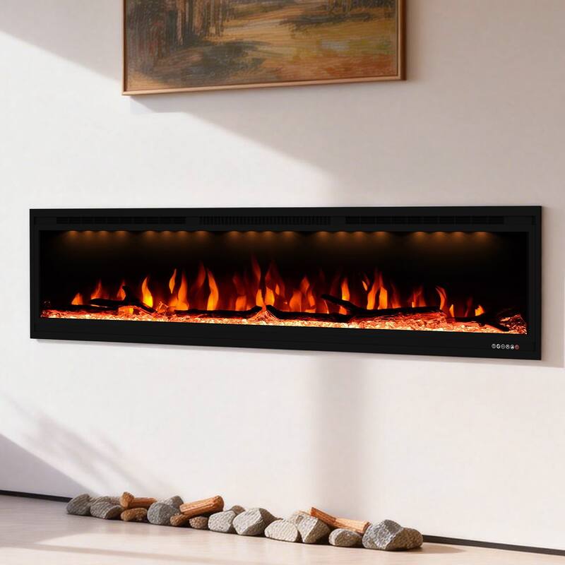 76" 1500W Modern Inserted Wall Mounted Linear Smart Electric Fireplace Heater with APP Control and Remote