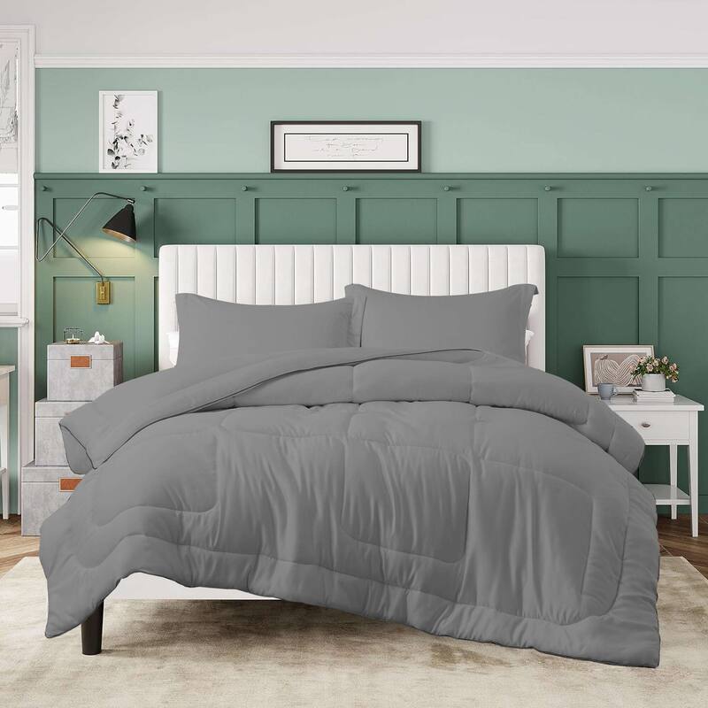 3 Piece Reversible Silky Luxury Soft Satin Comforter with 2 Satin Pillowcases - Light Gray - Twin