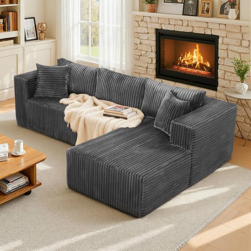 105 in. Wide Square Arm 2-Piece Modern Corduroy Fabric L-Shape Modular Sectional Sofa - Gray-LeftChaise