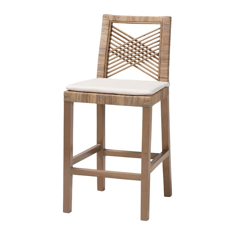 Poltak Modern Bohemian Grey Natural Kubu Rattan and Mahogany Wood Counter Stool - Grey