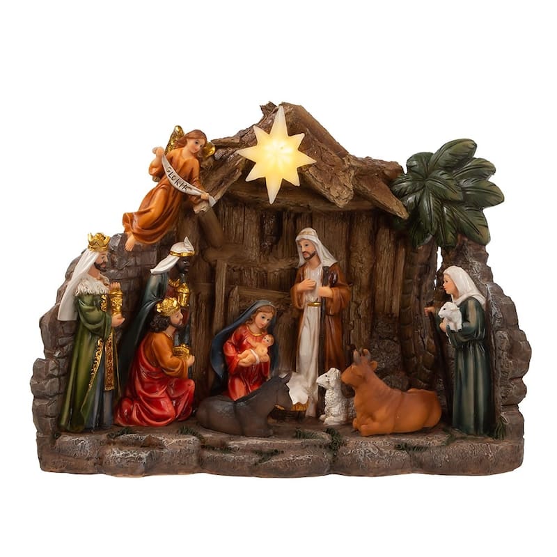 Kurt Adler 10.4-Inch Battery Operated Light-Up Nativity Table Piece - Brown