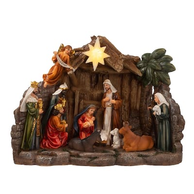 Kurt Adler 10.4-Inch Battery Operated Light-Up Nativity Table Piece - Brown