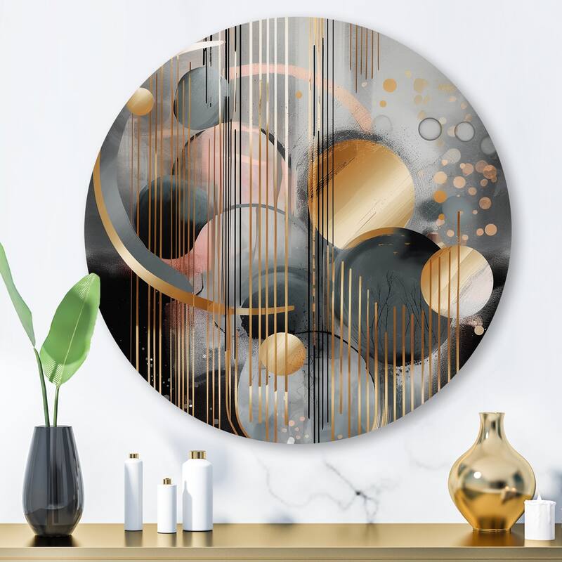 Designart "Abstract Shapes And Lines III" Abstract Marble Metal Round Wall Art - 29x29 - Disc of 29 Inch