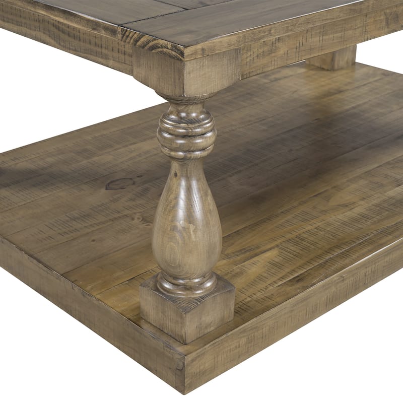 Rustic Solid Wood Floor Shelf Coffee Table with Storage
