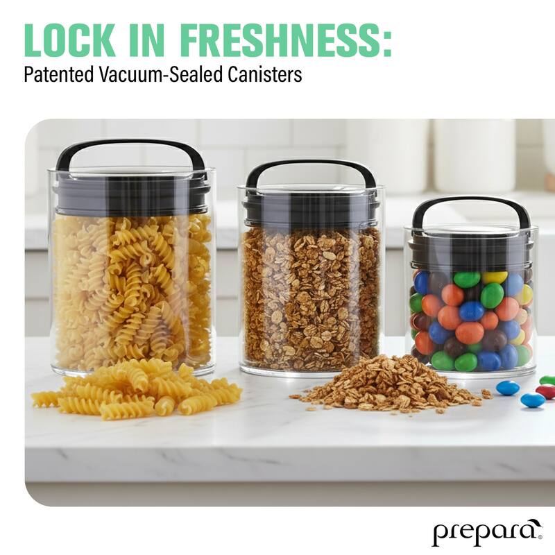 Prepara Evak Fresh Saver Short - Black Handle, Variety Pack (Set of 3) - L: 5.75 × 5.67" M: 5.12 × 4.65" S: 4.06 × 3.78"