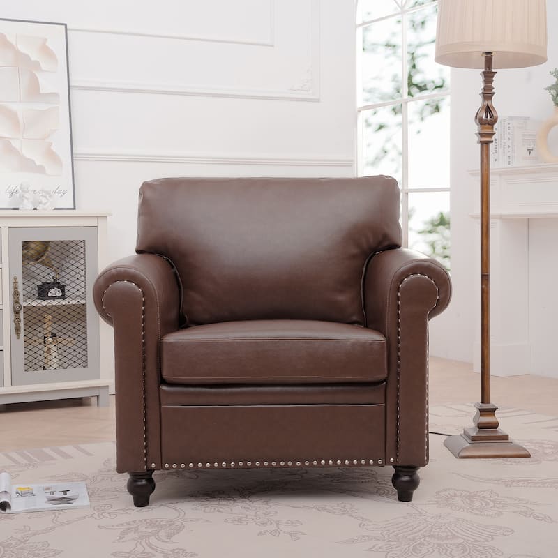 1-Seater Sofa with PU, Nailhead Decoration, Birch Legs for Living Room - Brown