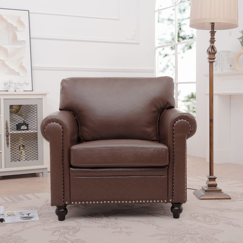 Brown PU Modern 37.4" Upholstered Accent Chair with Solid Wood Frame and Nailheads for Living Room