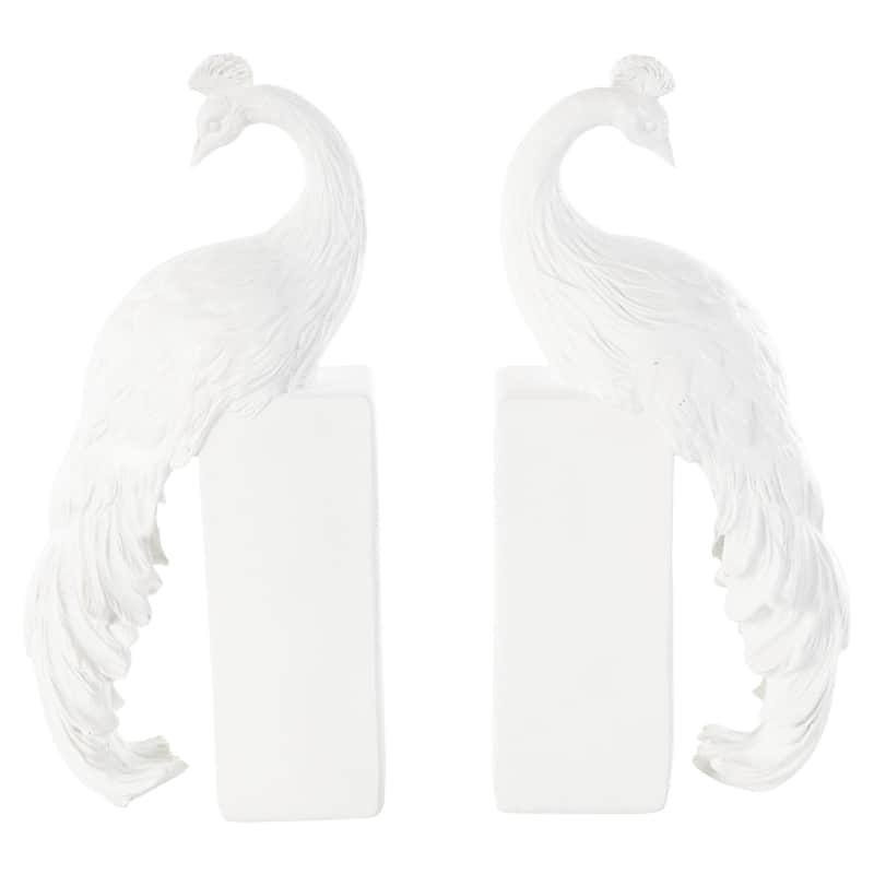 Resin Peacock Textured Decorative Bookends with Tall Block Bases - Set of 2 White - Roche River Decor