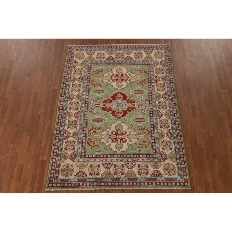 Light Green Geometric Kazak Area Rug Handmade Wool Carpet - 5'0" x 7'0"