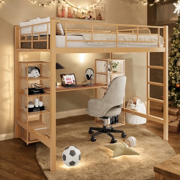 slide 2 of 9, Full Size Metal Loft Bed with Built-in Desk and Shelves, Gold Gold