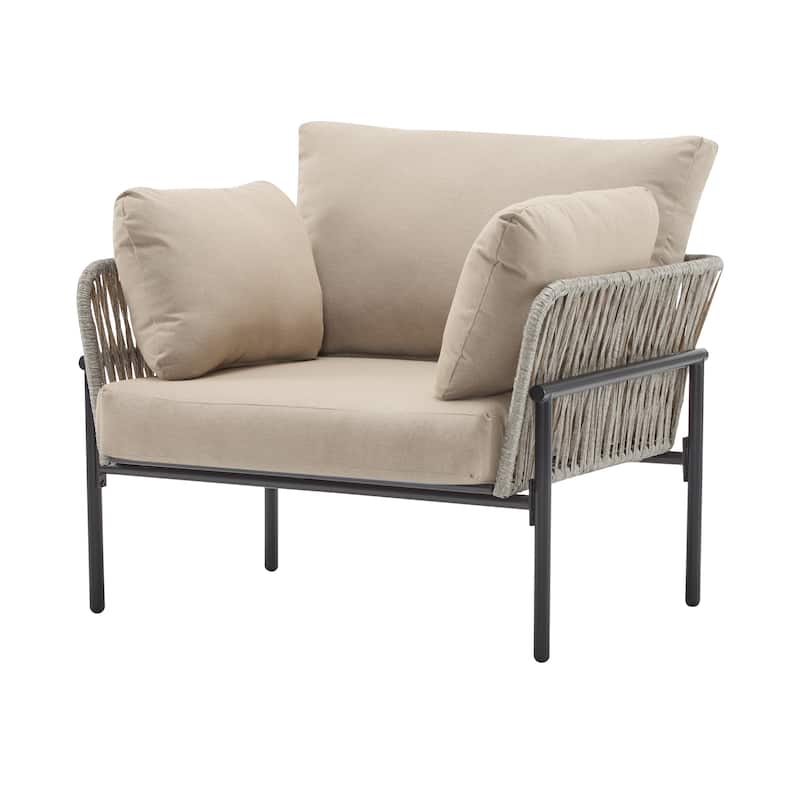 Christopher Knight Home - PureNest 36" Beige and Light Wood-Tone Rope Iron Lounge Chair with Cushions