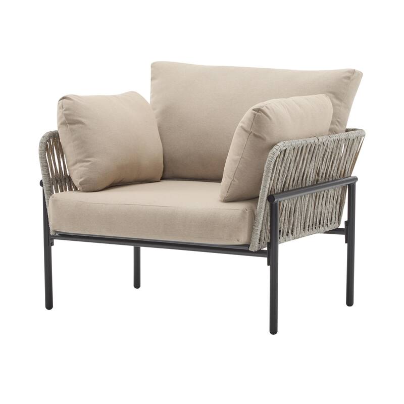 Outdoor Rope Weave Lounge Chair, Modern Patio Accent Armchair with Metal Frame & Cushions for Backyard, Balcony, Living Room