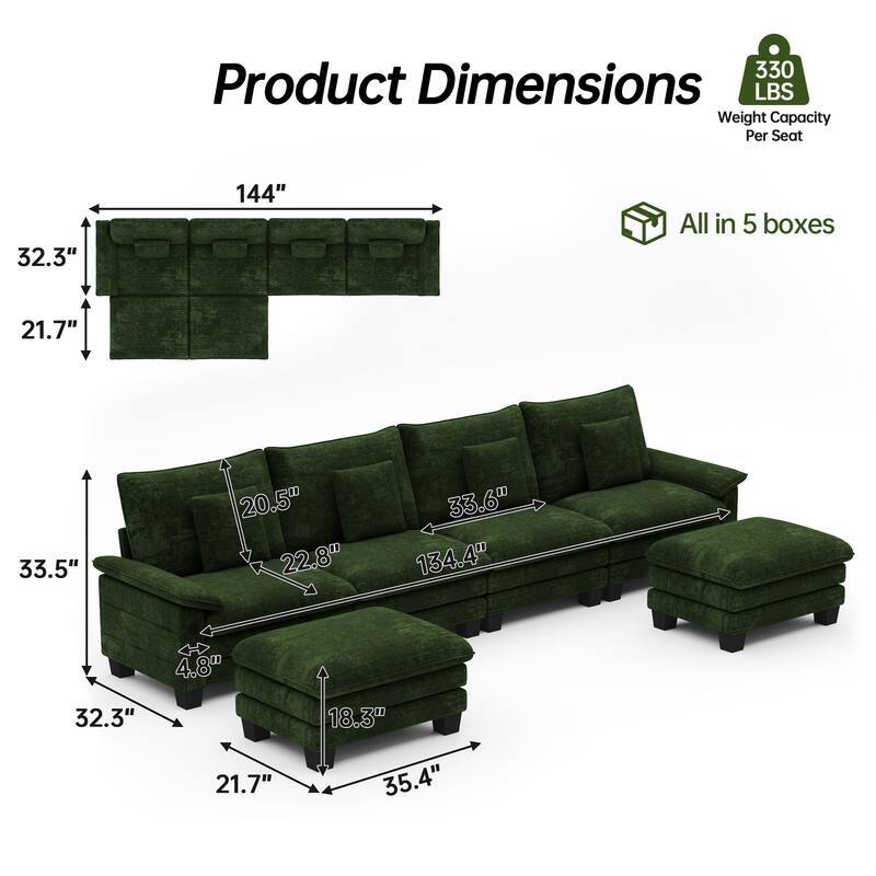 144" Modular Compression Sofa Set Convertible Sectional Sleeper Couch with 2 Ottomans