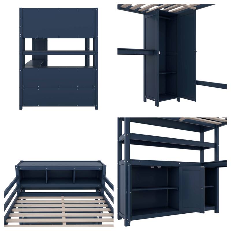 Full Size Wood Loft Bed with Cabinet and Bookshelf,Wardrobe and Desk