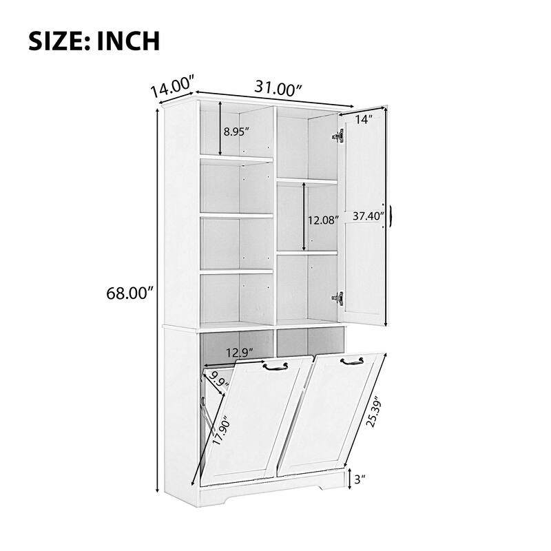 Roomfitters 68" Tall Bathroom Storage Cabinet with Dual Tilt-Out Laundry Hampers, Open Shelves & Adjustable Storage