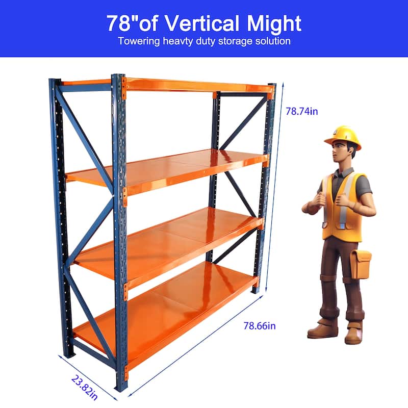 4-Tier Heavy Duty Storage Shelf Steel Rack Adjustable Height for Workshop and Warehouse - 78.66”L x 23.82”W x 78.74”H