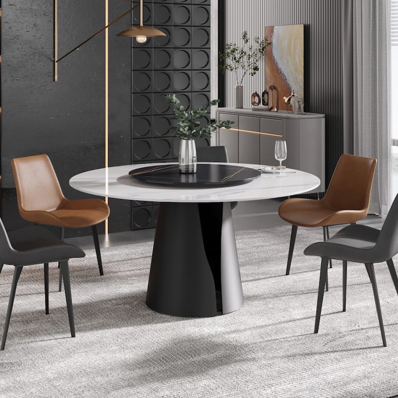 59" Round Slate Dining Table, White Marble Top with Black Metal Pedestal - White&Black