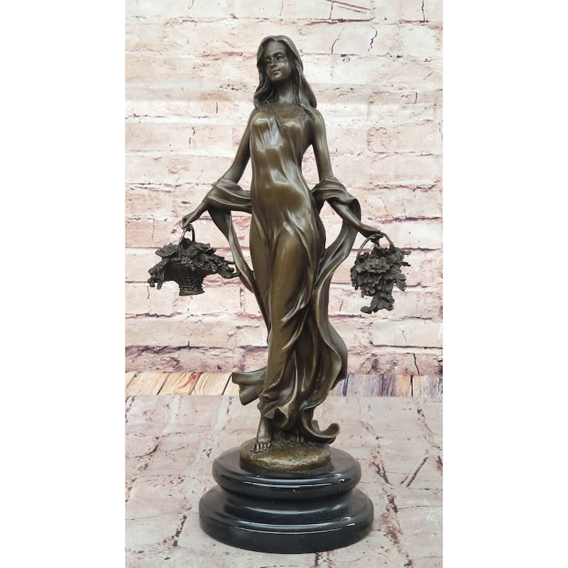 Young Woman Holding Baskets Of Flowers Grapes Bronze Sculpture Statue Decor