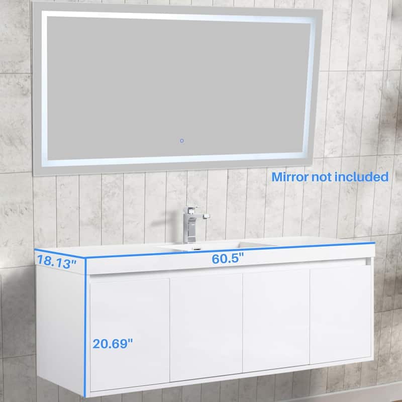 Blossom 60" Wall Mount Vanity with Single Acrylic Sink, Modern Design