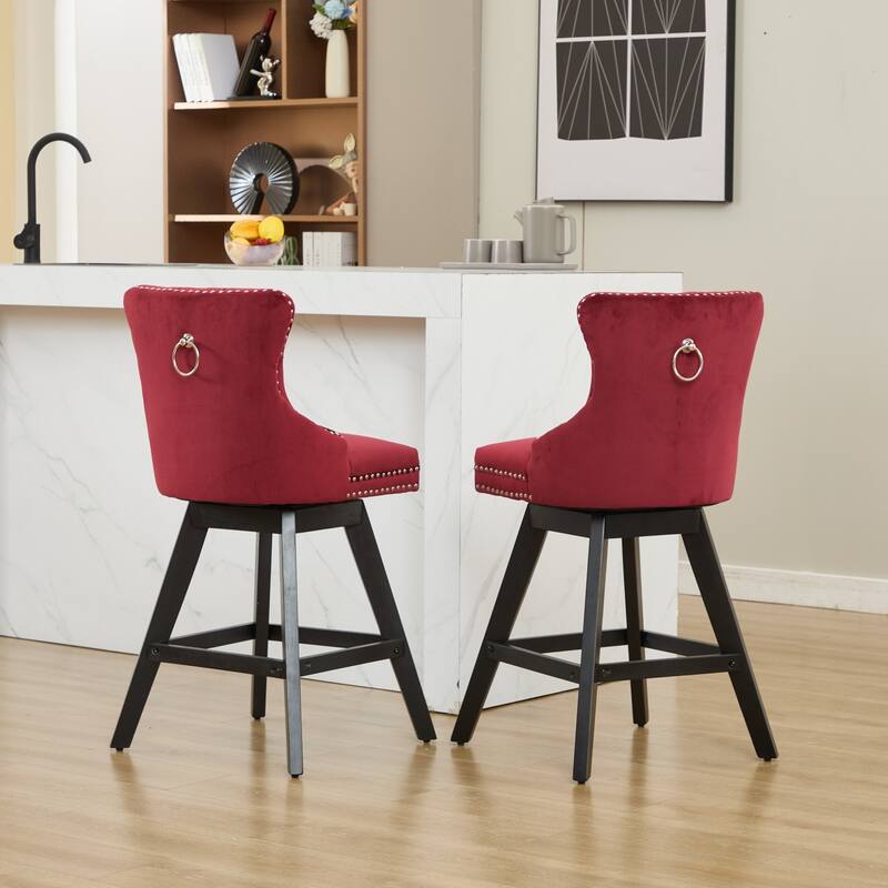 Velvet Swivel Bar Stools Set of 2, Button Tufted Rivet Trim Dining Room Chairs, Kitchen Stools with Wooden Legs