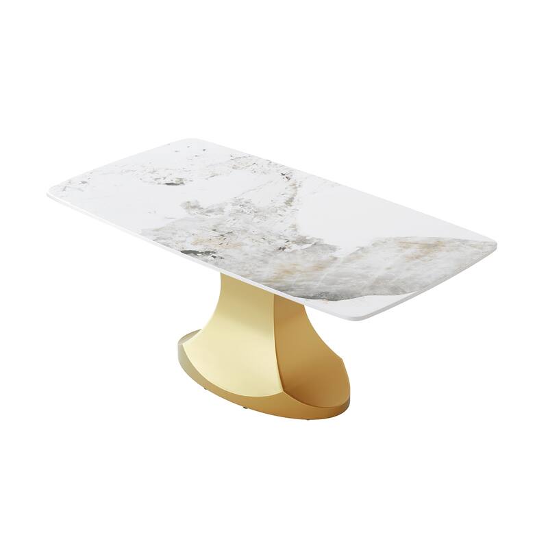 Dining Table for 6~8 Person, Faux Marble Kitchen Dining Table with Gold Pedestal.