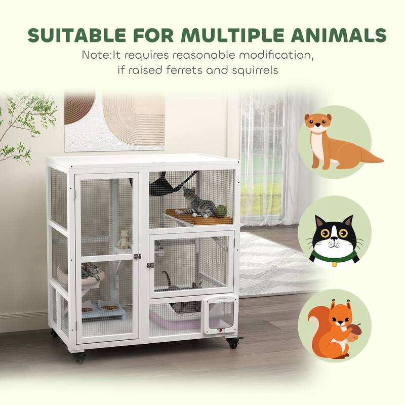 Cat House With Hammock Wheels Fir Wood Mesh For 1-2 Cats - 39.25" L x 23.5" W x 43.25" H