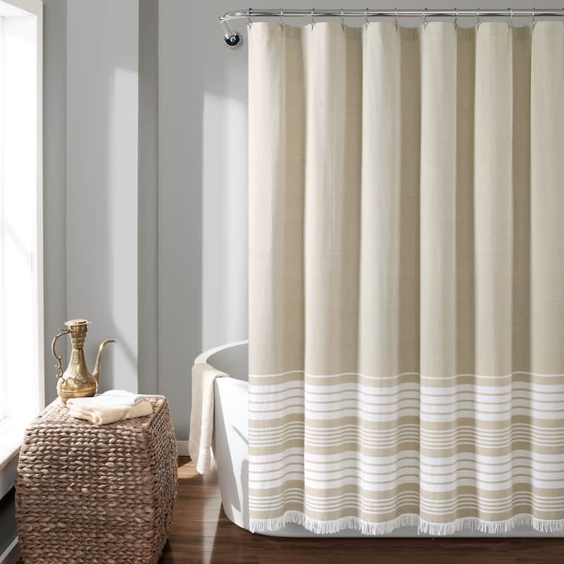 Lush Decor Nantucket Yarn Dyed Cotton Tassel Fringe Shower Curtain - Taupe