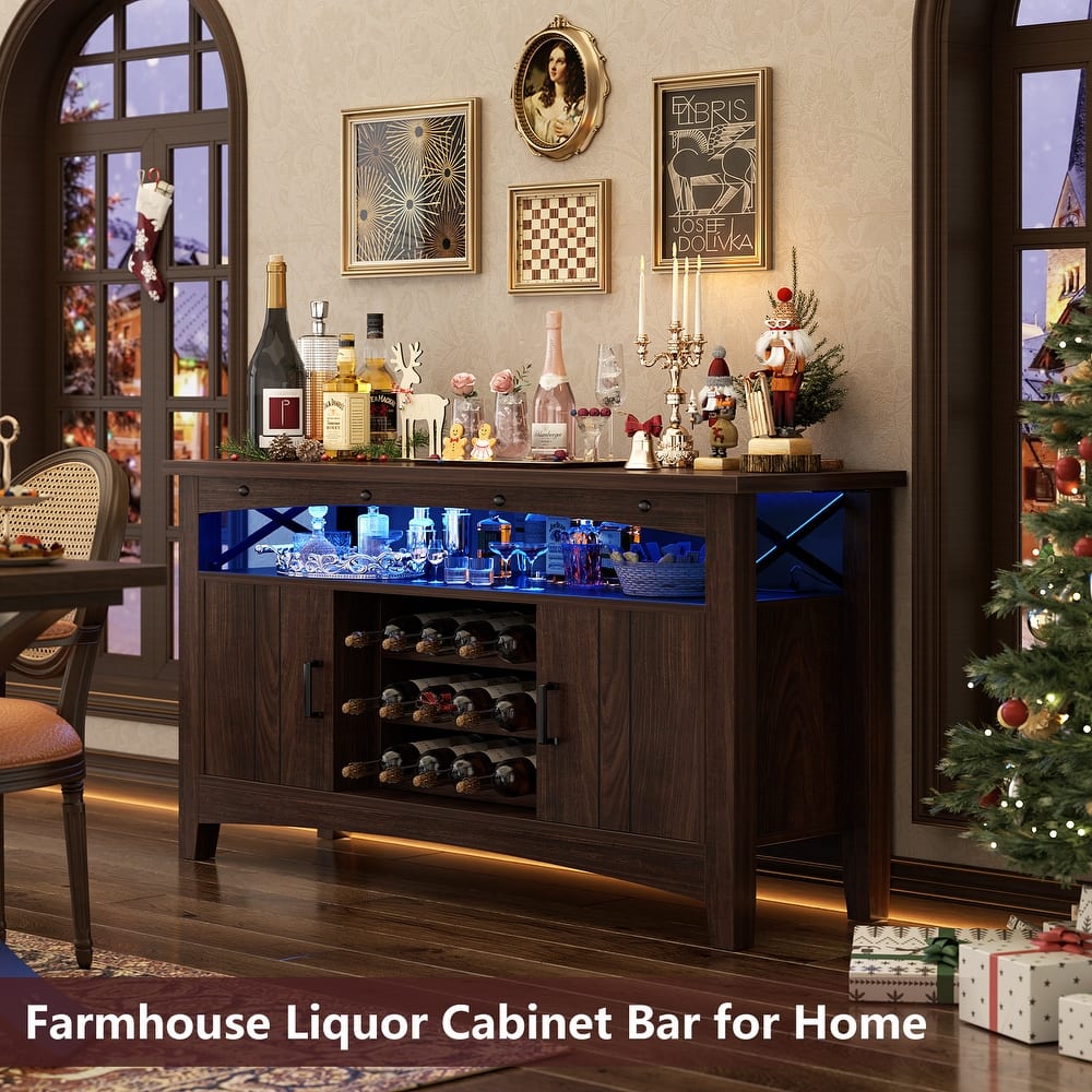 Farmhouse 47" Wine Bar Cabinet with Power Outlets & LED Lights, Industrial Coffee Bar Liquor Cabinet with Shelves & Wine Rack