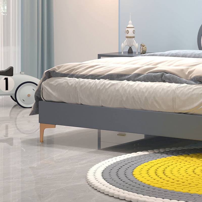 Queen Size Upholstered PU Leather Bed Frame, Kids Platform Bed with Elegant Flowers Headboard