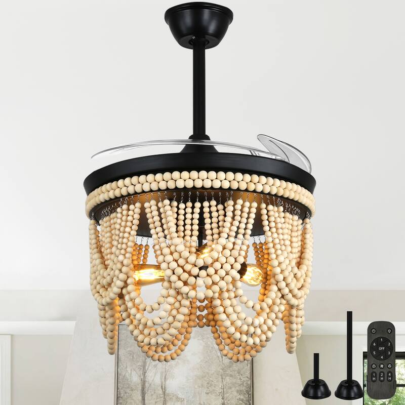 Cusp Barn 42 Inch Boho Retractable Ceiling Fan with Remote, Coastal 6 Speeds Fandelier, Farmhouse Caged Wood Beaded Ceiling Fan