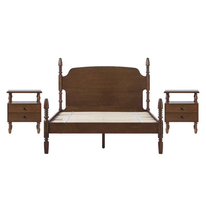 Walker Edison Spindle Queen Bed with 2-Drawer Nightstands Bedroom Set
