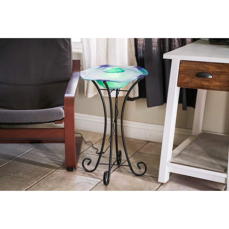 27in Tall Floor Mist Fountain with LED Lights and Inline Control - Blue Glass and Metal Design, Blue Freestanding Mist Fountain