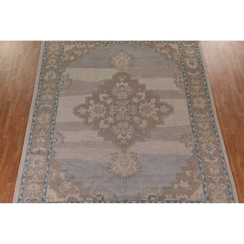 Geometric Oushak Oriental Area Rug Handmade Wool Carpet - 9'0"x 11'11"