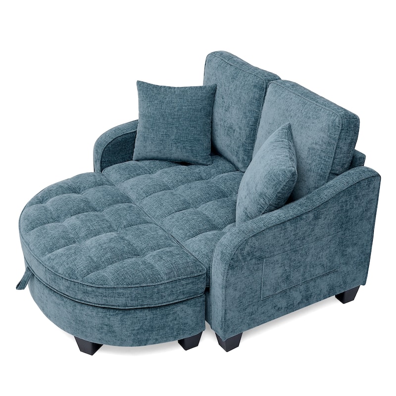 Two-Seater Chaise Longue Sofa with Storage Footrest, Irregular Armrests & Throw Pillows for Living Room & Bedroom