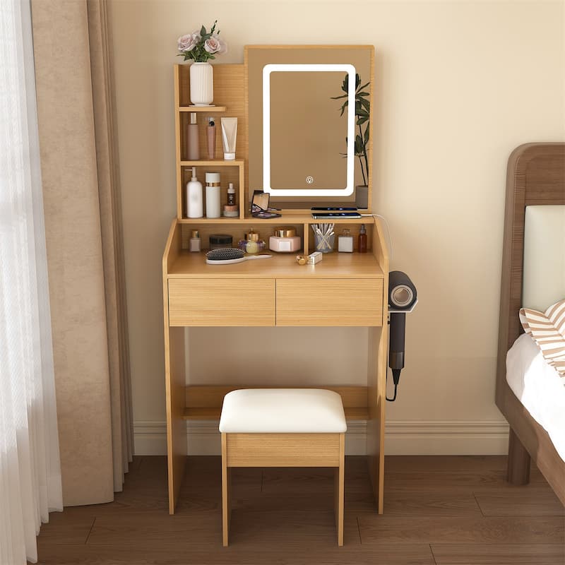 Vanity Table with LED-Illuminated Mirror, Power Outlet, Hairdryer Holder & Stool