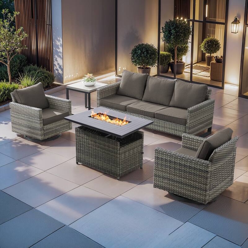 Outdoor Grey Wicker Fire Pit Table with Sofa Swivel Chairs - Grey Cushion - Grey Wicker Sofa Chair w/ Grey Wicker Fire Table