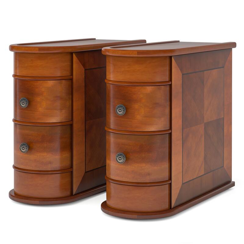 Brown Oak Wooden Side Table with 2 Storage Sliding Drawers for Living Room or Bedroom - 10.83”L x 23.62”W x 23.62”H