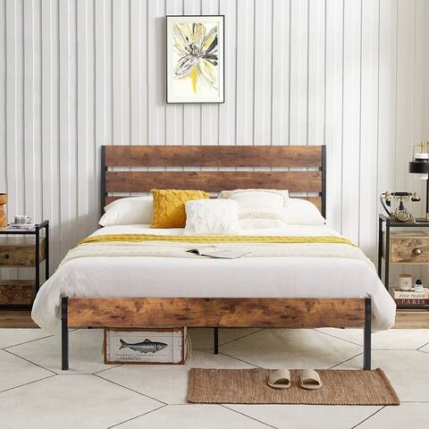Rustic Platform Bed Frame with Wood Headboard, Metal Slats Support, No Box Spring Needed