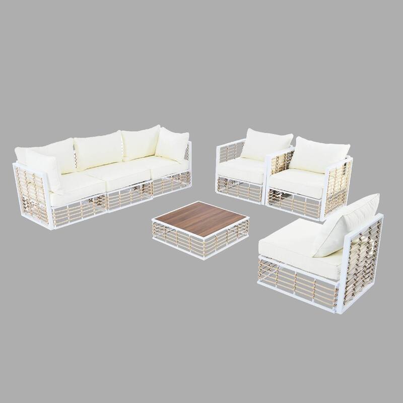 Modern 7-Piece Metal Sectional Patio Sofa Set, All-Weather Garden Furniture with Cushions & Coffee Table for Outdoor Relaxation - White