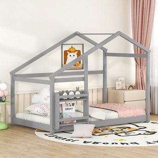 Wooden Twin Size House Bed Frame with Roof & Shelf, Twin Montessori Floor Bed for Kids, Solid Wood Slats, No Box Spring Needed