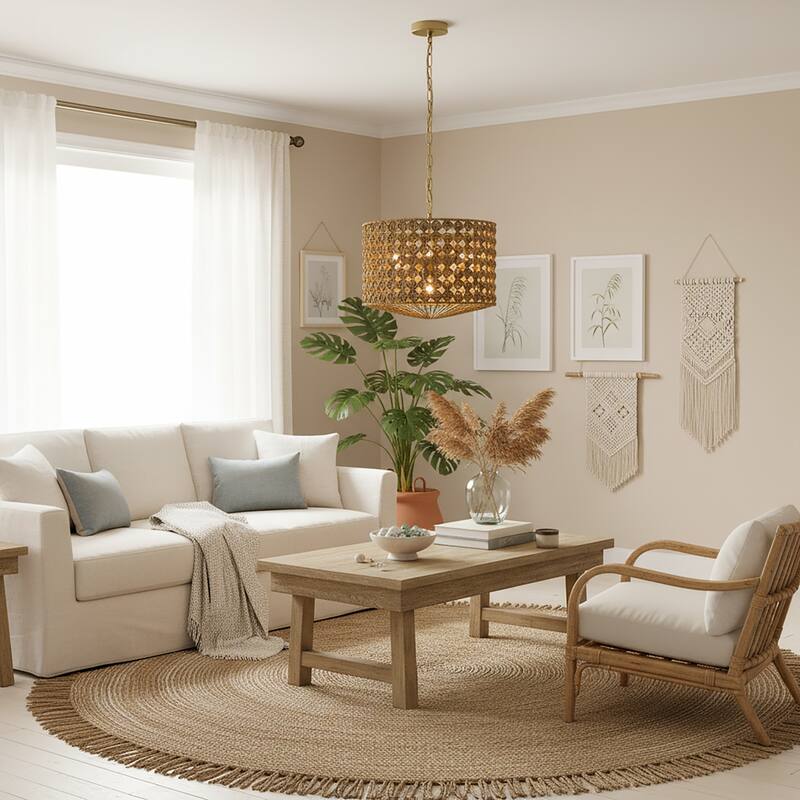 Koyo 4-Light Rattan Drum Pendant, Coastal Boho - Handwoven