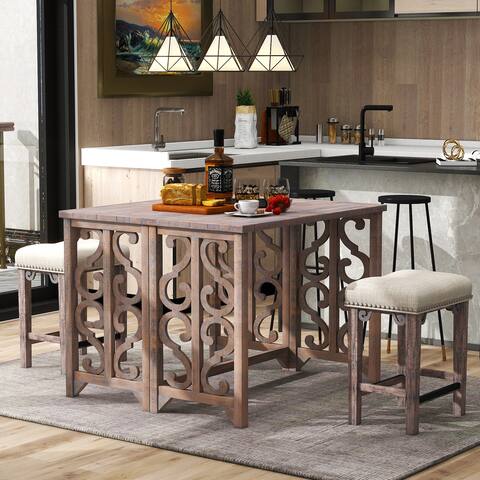 Retro Style 3-piece Retro Dining Set, Solid Wood Counter Height S-shaped Pattern Foldable Table with 2 Saddle Stools for Kitchen
