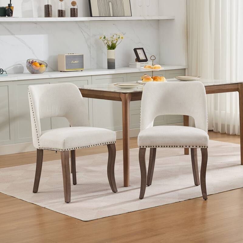Modern Fabric Upholstered Dining Chairs Set of 2, Farmhouse Wooden Dining Room Chairs with Curved Backrest, Rivet Trim
